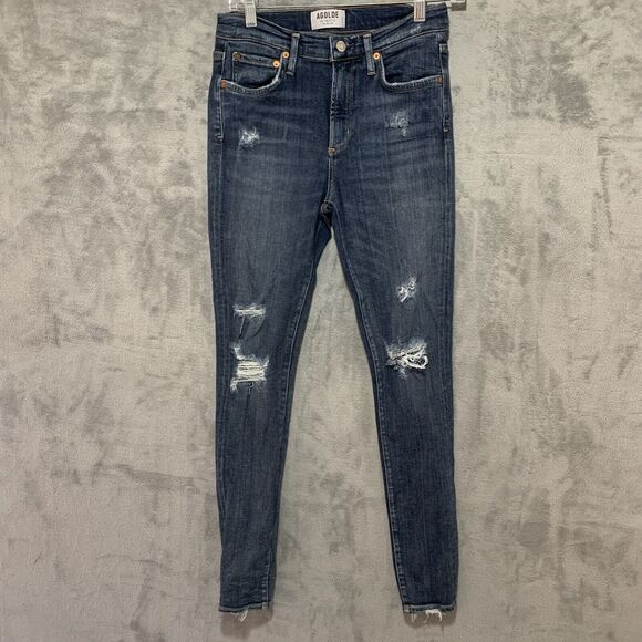Agolde Dark Blue Distressed Skinny Jeans - Picture 1 of 10